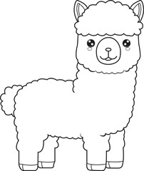 Cute Alpaca cartoon. Black and white lines. Coloring page for kids. Activity Book.