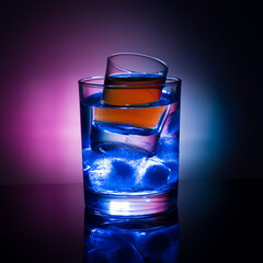 A shot glass with liquor and ice