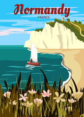 Travel poster Normandie France, vintage seascape rock cliff - obrazy, fototapety, plakaty
