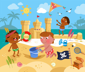 Cute children near sea. Boy flying kite on beach in summer. Cartoon character and sand castle. Vector illustration. Vector illustration. Scene for puzzles, games, books. 