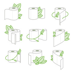 Eco toilet paper icons set. WC paper with green leaves. Illustration on transparent background