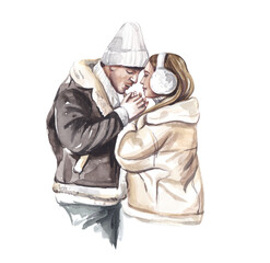 Winter gentle watercolor illustration with a guy and a girl