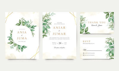 Fototapeta na wymiar Set of wedding invitation templates with green leaves