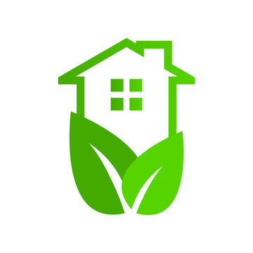 Green eco building house leaves tree environmentally ecology friendly icon logo vector design