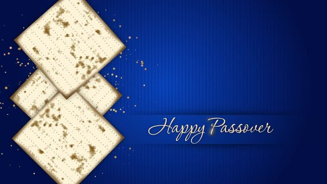 Looped animation of jewish happy passover with golden letters and traditional matzah bread on blue background.