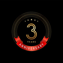 3rd Anniversary. Anniversary logo design with golden number and red ribbon. Logo Vector Template