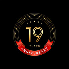 Fototapeta premium 19th Anniversary. Anniversary logo design with golden number and red ribbon. Logo Vector Template
