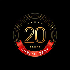 20th Anniversary. Anniversary logo design with golden number and red ribbon. Logo Vector Template