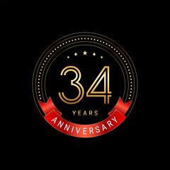34th Anniversary. Anniversary logo design with golden number and red ribbon. Logo Vector Template