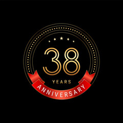38th Anniversary. Anniversary logo design with golden number and red ribbon. Logo Vector Template