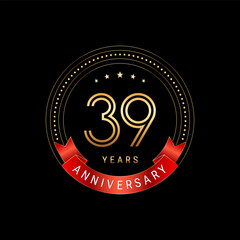 39th Anniversary. Anniversary logo design with golden number and red ribbon. Logo Vector Template