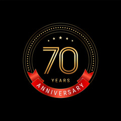 Fototapeta na wymiar 70th Anniversary. Anniversary logo design with golden number and red ribbon. Logo Vector Template