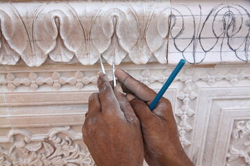 Kusum Sarovar historical sandstone monument restoration. Mathura district of Uttar Pradesh, India. - obrazy, fototapety, plakaty