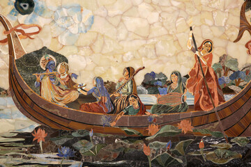 Mosaic depicting Hindu god Krishna with gopis in a boat . India.