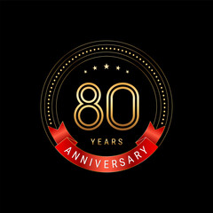 80th Anniversary. Anniversary logo design with golden number and red ribbon. Logo Vector Template