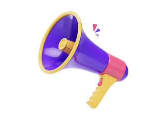 3D Megaphone cartoon icon. Promotional loudspeaker concept. Marketing announcement symbol. News announcement illustration. Cartoon style design 3D icon isolated on a white background. 3D rendering.