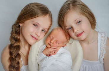 Younger brother. Newborn baby. The girls are holding their newborn brother. Protection. Brother and sisters Family. child in the family. Sisters and younger brother. Baby. The large family. The kid at
