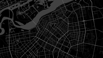 Dark black Harbin city area vector background map, roads and water illustration. Widescreen proportion, digital flat design.