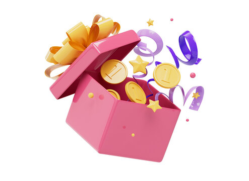 3D Open gift box icon with floating golden coins. Golden coin in gift box. Surprise money gift. Loyalty reward concept. Cartoon style design 3D icon isolated on white background. 3D rendering.