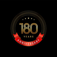 180th Anniversary. Anniversary logo design with golden number and red ribbon. Logo Vector Template