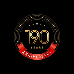 190th Anniversary. Anniversary logo design with golden number and red ribbon. Logo Vector Template