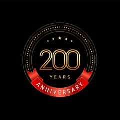 200th Anniversary. Anniversary logo design with golden number and red ribbon. Logo Vector Template