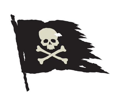 Vector black tattered pirate flag with skull and crossbones symbol. Isolated on white background