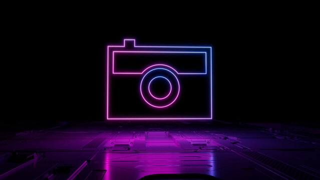 Pink and Blue neon light camera icon. Vibrant colored Photo technology symbol, on a black background with high tech floor. 3D Render
