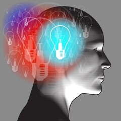 An adult right-side profile overlaid with various blending semi-transparent light bulbs.