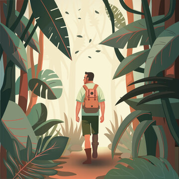 Tourism, traveler walks in the jungle, travel and adventure illustration, vector flat image