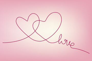 Continuous drawing of a pair of hearts and the inscription love. Fashionable minimalist illustration. Drawing in one line
