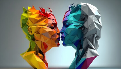 romantic kiss of homosexual couple, sculpture, love concept, 3d rendering, gay love, lesbians, self love