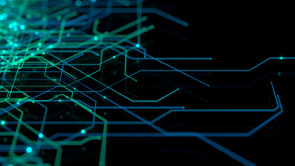 Blue and Green Network Lines form a Futuristic Technical Mesh. Computing Concept.