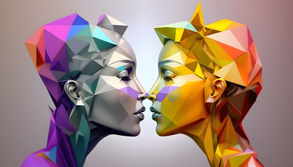 romantic kiss of homosexual couple, sculpture, love concept, 3d rendering, gay love, lesbians, self love