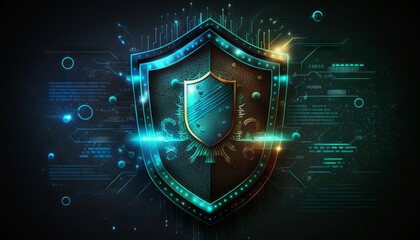 Abstract technology circuit board background with shield symbols concept of data protection and cyber privacy. Generative ai