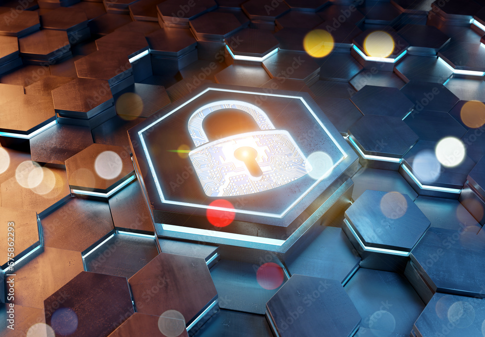 Leinwandbilder web security icon concept engraved on metal hexagonal pedestral background. padlock logo glowing on 