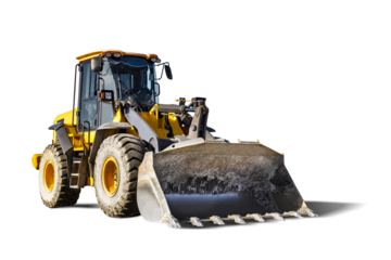 A large front loader or bulldozer a construction site. Transportation of bulk materials. Rental of construction equipment. Isolated loader on a white background.