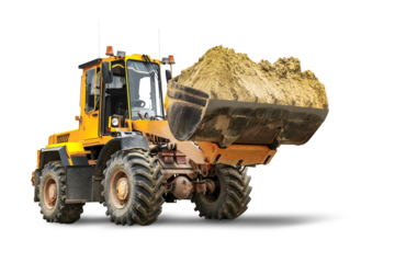 A large front loader transports sand in a bucket at a construction site. Transportation of bulk materials. Rental of construction equipment. Isolated loader on a white background.
