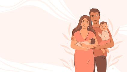 Obraz premium Happy family with newborn. Family with two children. Banner about pregnancy and breastfeeding. Vector illustration.