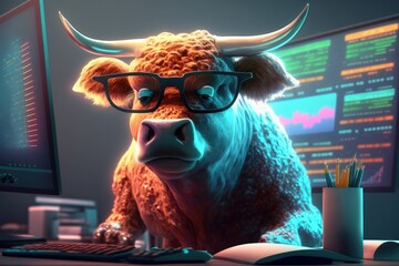Bull trading with computer, Bullish in Stock market and Crypto currency. Generative Ai - obrazy, fototapety, plakaty
