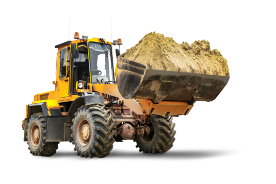 A large front loader transports sand in a bucket at a construction site. Transportation of bulk materials. Rental of construction equipment. Isolated loader on a white background.
