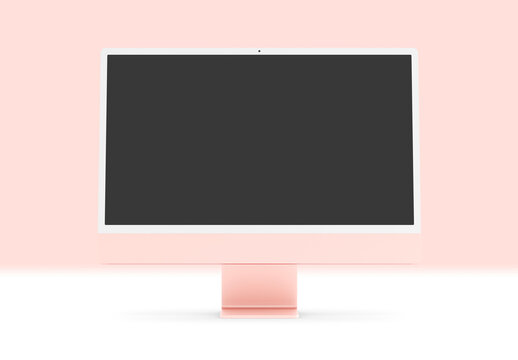 PARIS - France - April 28, 2022: Newly released Apple Imac 24 inch desktop computer, pink color, front view- 3d realistic rendering 4.5K Retina display screen mockup on pink