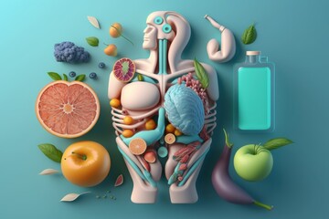 Fruits forming a human body metabolism and nutrition, Eating Diet Food for Energy and Digestion. Generative Ai - obrazy, fototapety, plakaty