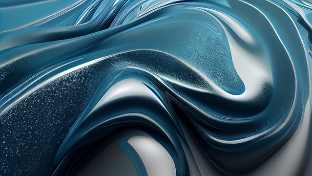 Blue wavy liquid wallpaper. Abstract wave shapes texture. Surreal background with curvy organics water or painting. Generative ai