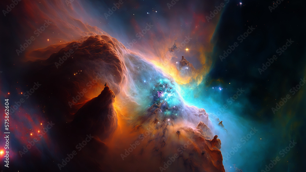 Poster Large view of a colorful dark nebula in space. Cosmic background with bright shining stars, galaxies and deep universe. Generative ai