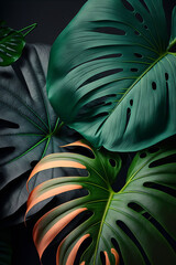 Green tropical leaves background. Natural foliage leaf texture. View of palm plants. Generative ai