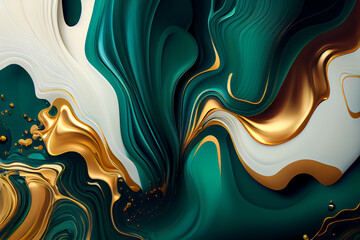Generative Ai: Liquid abstract background, gold and emerald color - obrazy, fototapety, plakaty