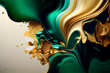 Generative Ai: Liquid abstract background, gold and emerald color