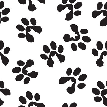 Seamless pattern of animal paws. Paw prints. Dog and cat puppy icon. Traces of a pet.