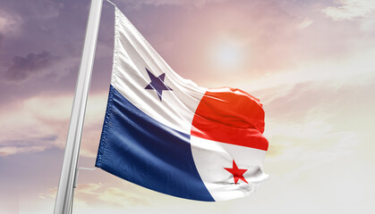 Waving Flag of Panama in Blue Sky. The symbol of the state on wavy cotton fabric.